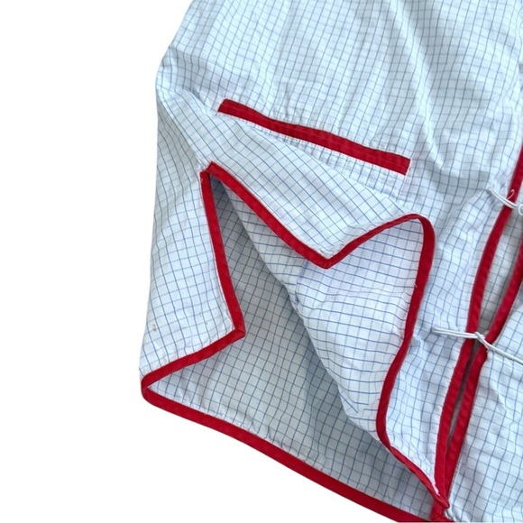 Kate Spade Checkered Blue Orange Trim Frog Clasp Shirt Blouse Size M/L Flowy - Picture 7 of 8